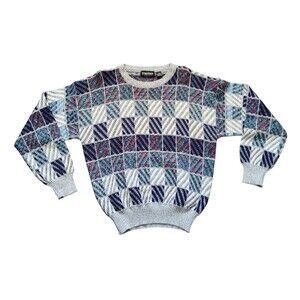Vintage 80s Geometric Patchwork Knit Sweater Men’s Abstract Pattern Retro LARGE